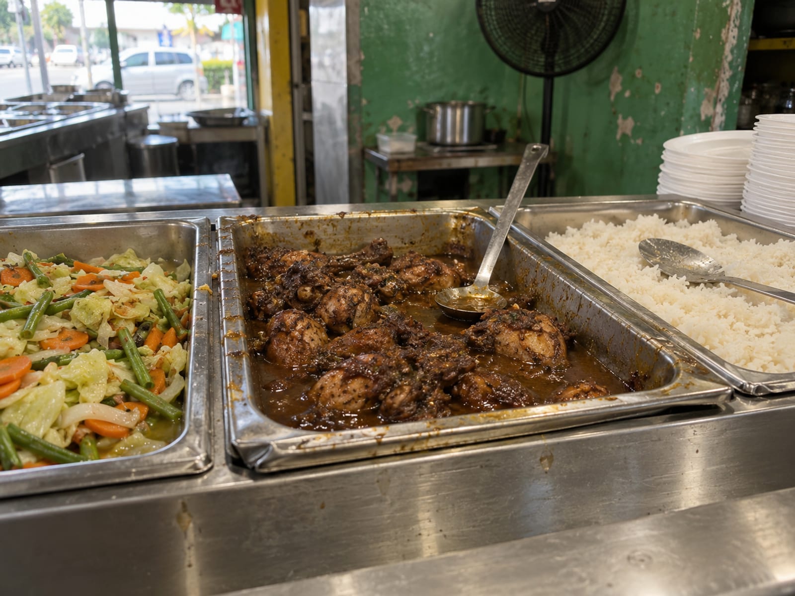 A lunch counter with steel pans of stewed chicken, rice and vegetables