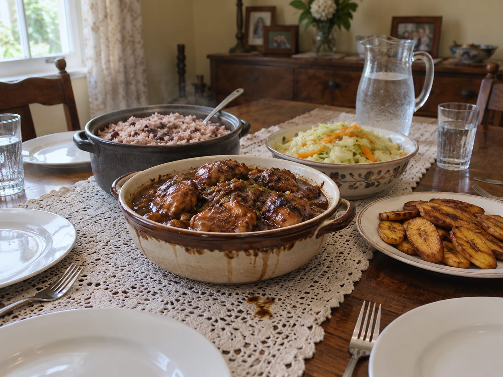 A Sunday table with brown stew chicken, rice and peas, cabbage and fried plantain