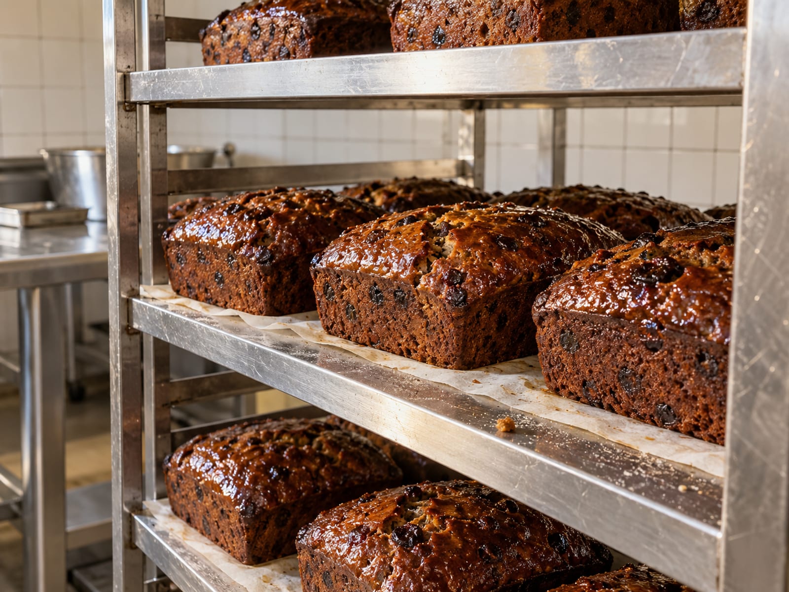 Rows of dark Easter loaves cooling on a metal bakery rack