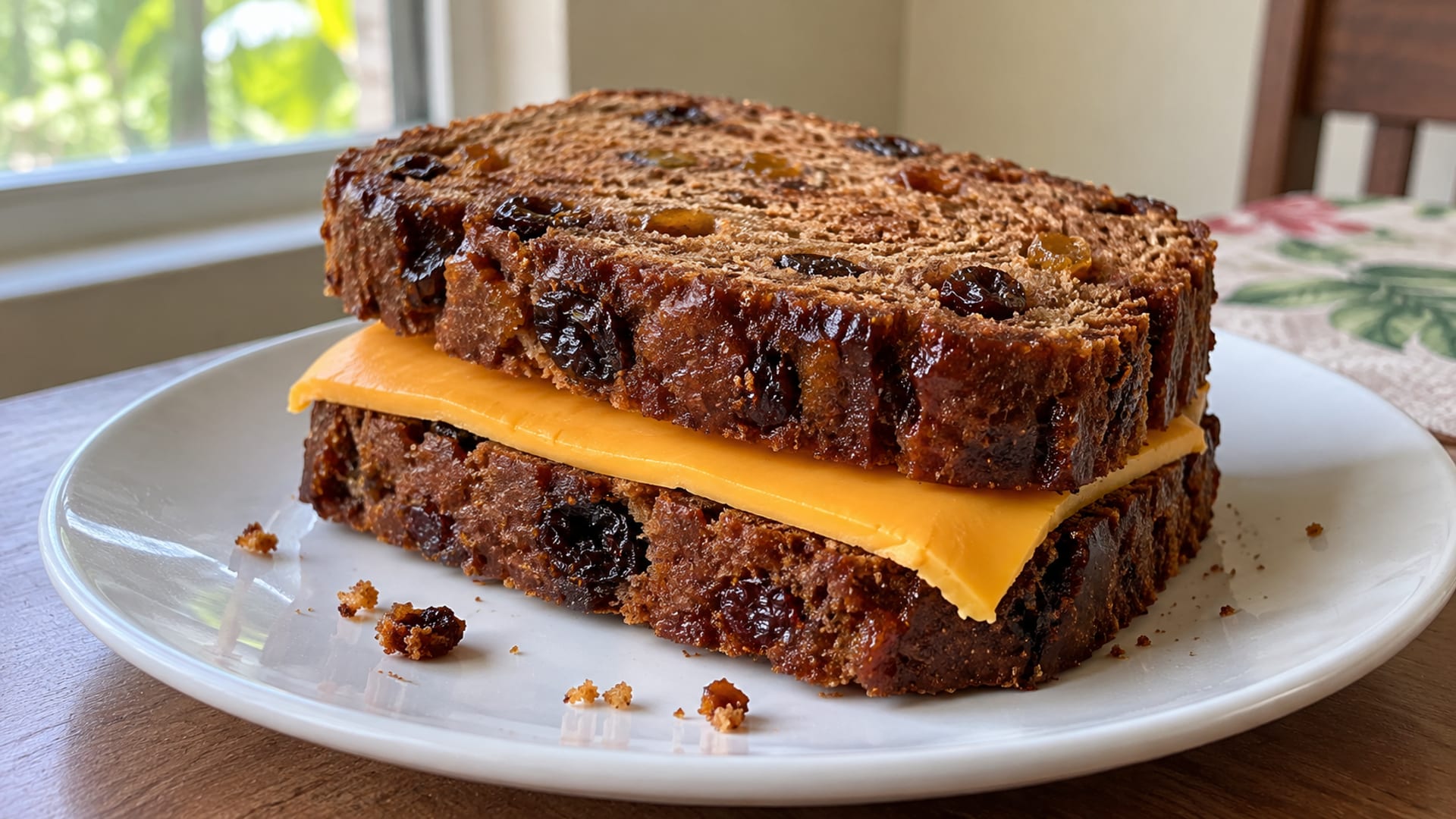 Slices of dark spiced Easter loaf with slices of orange cheese stacked on a white plate