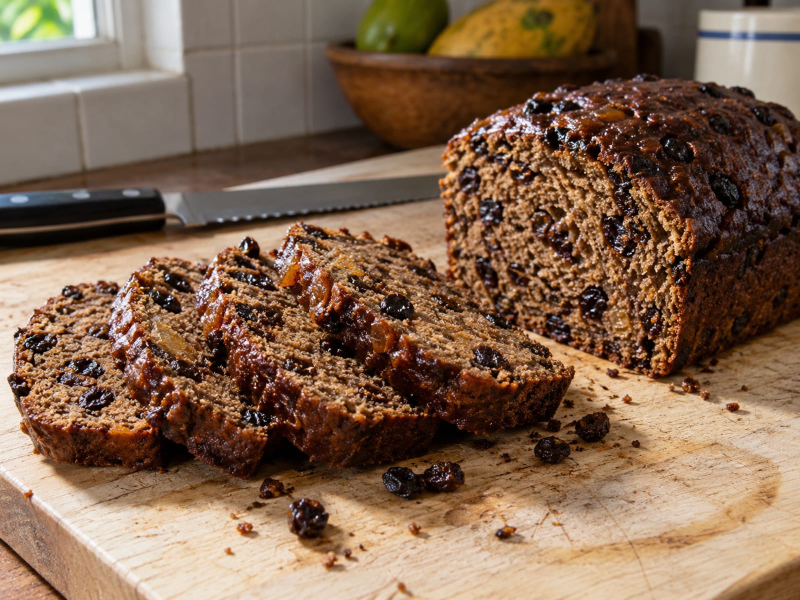 Thick slices of dark, fruit-studded spiced loaf on a wooden board