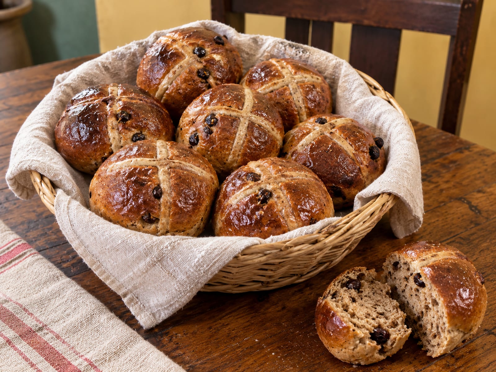 Golden-brown spiced buns with crossed tops in a woven basket