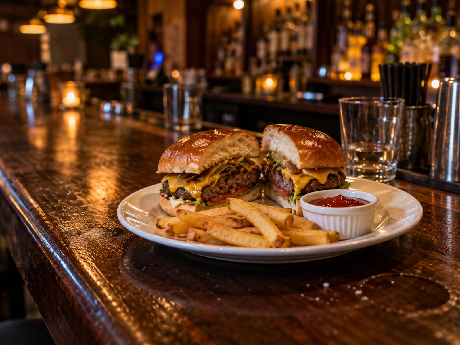 A burger on a dark bar counter lit by warm evening light