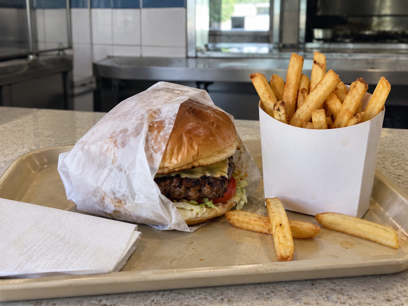 A paper-wrapped burger and a carton of fries on a plain tray