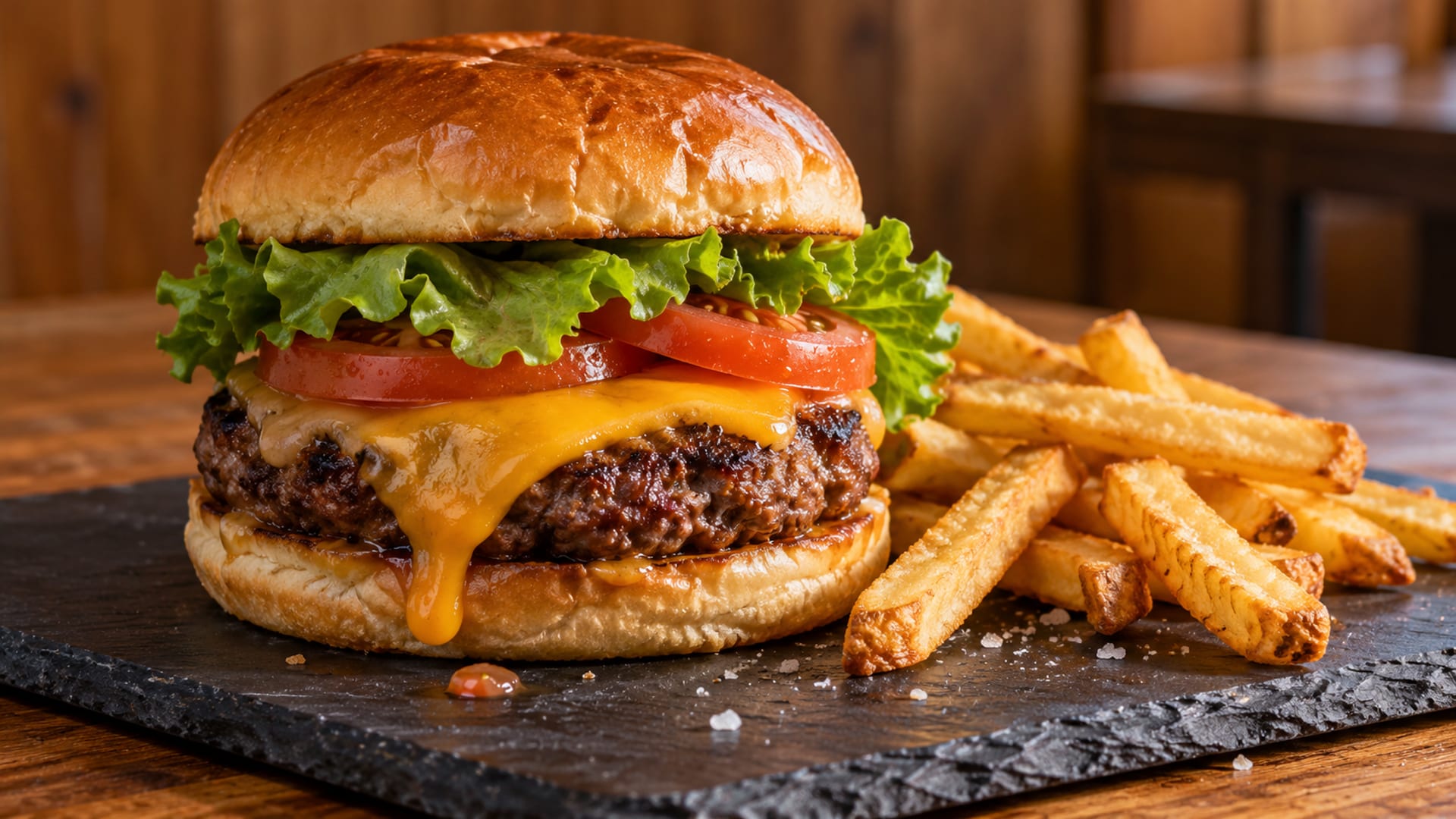 A stacked beef burger with cheese and lettuce on a slate board beside fries