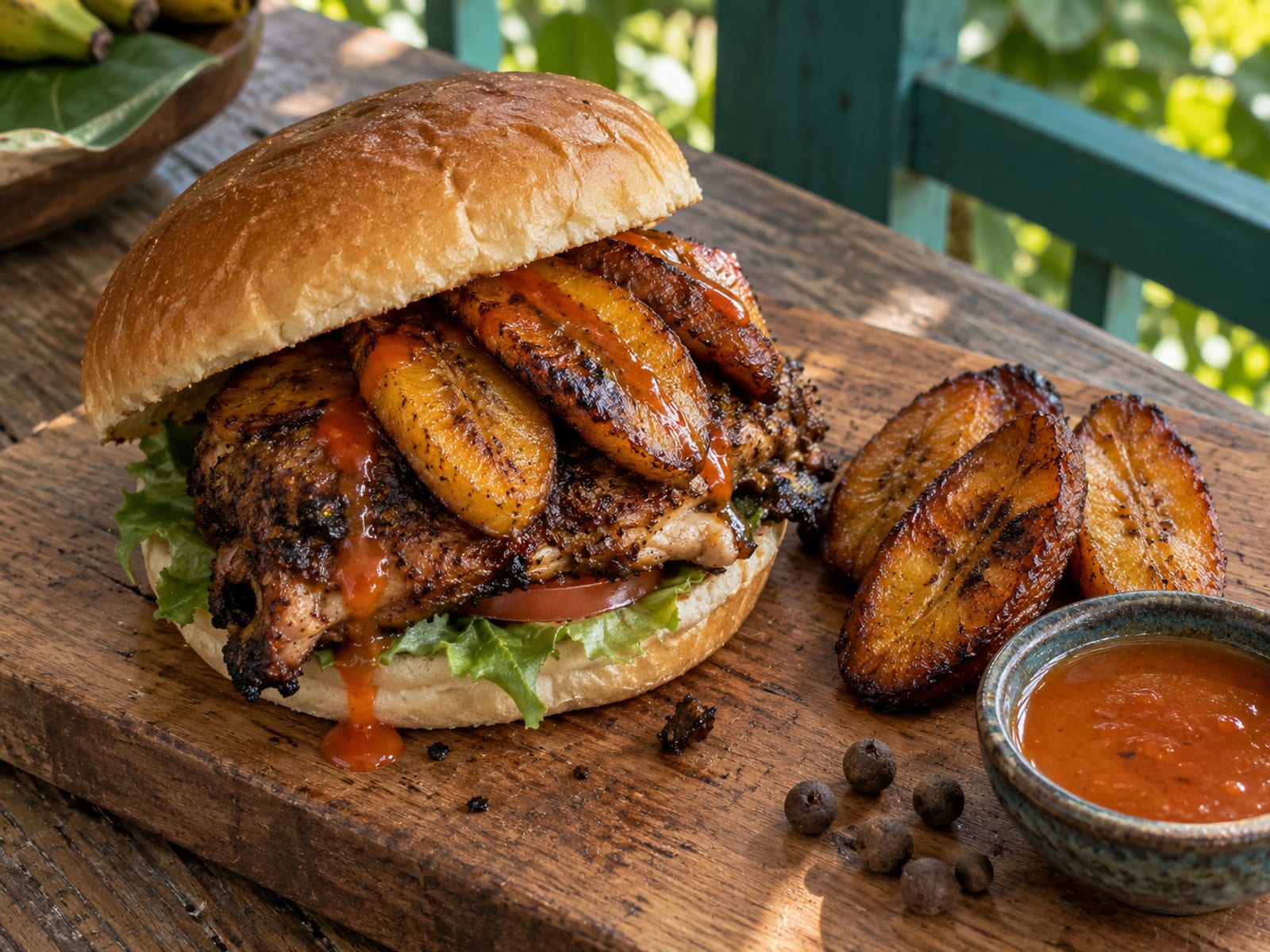 A jerk chicken burger with sliced plantain on a wooden board