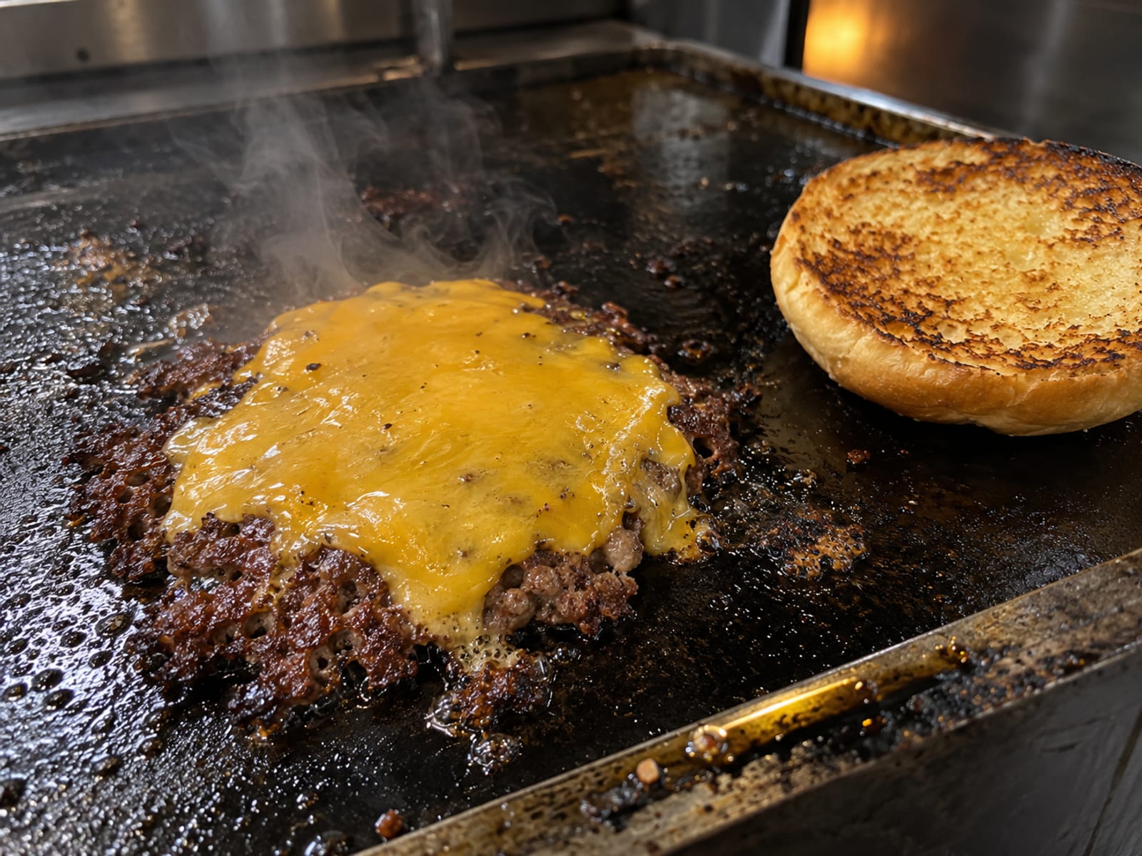 A smash burger with melted cheese resting on a hot flat griddle