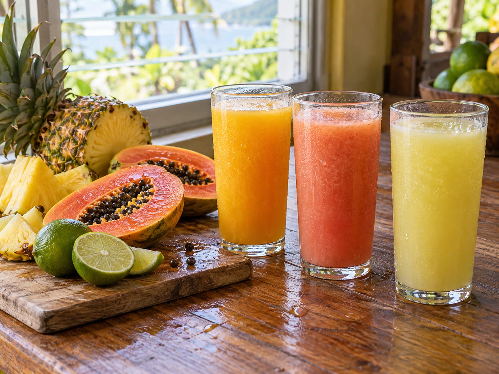 Glasses of fresh fruit juice on a table beside tropical fruit