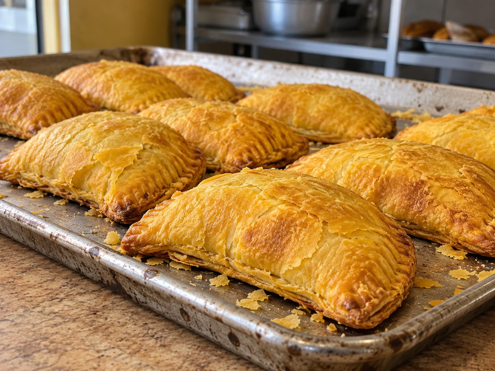 Golden Jamaican patties stacked on a metal baking tray