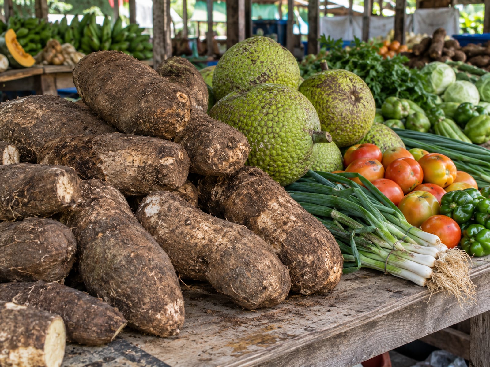 Yams, breadfruit and fresh vegetables piled on a wooden market stall