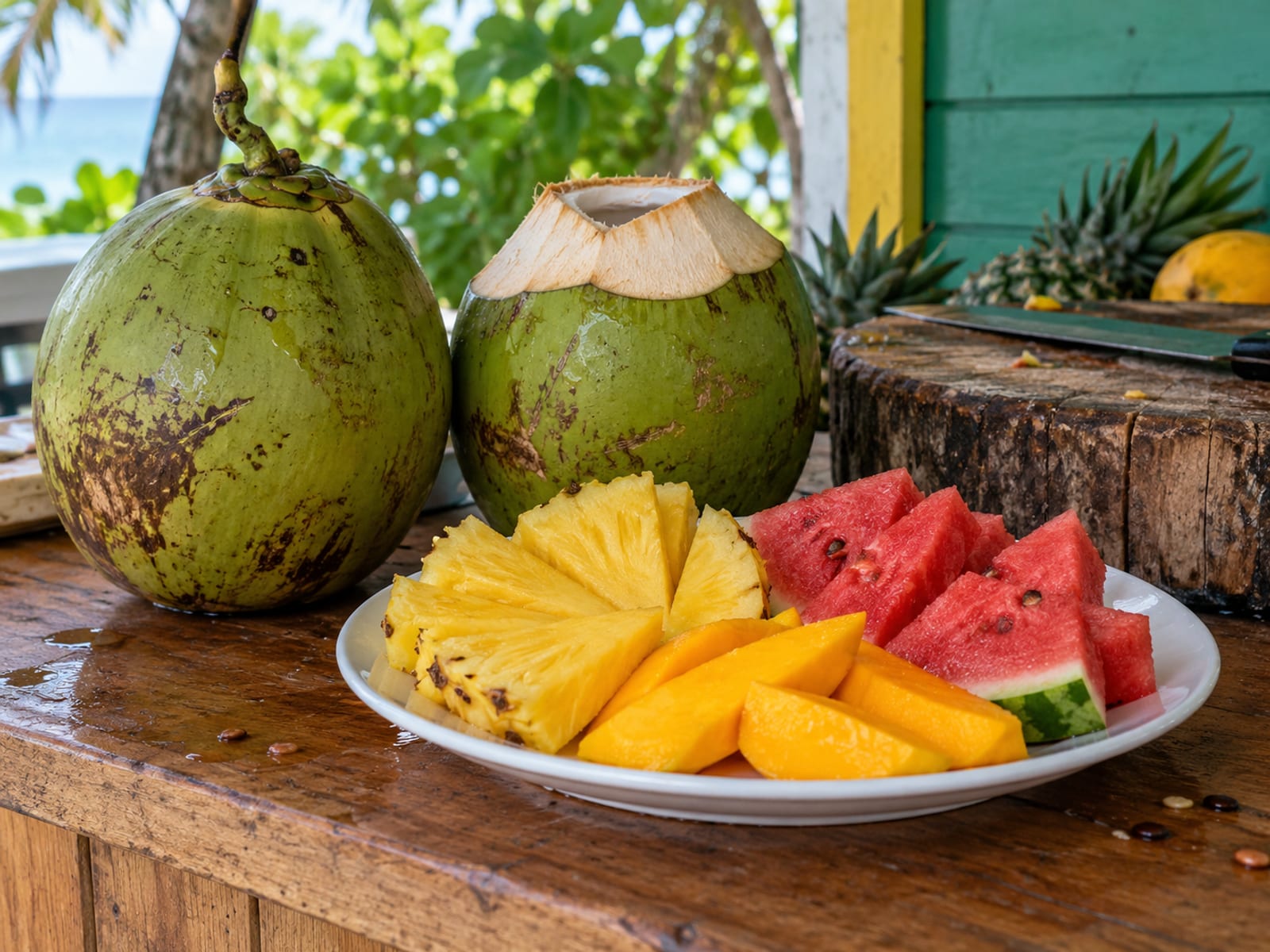 Fresh green coconuts and a plate of sliced tropical fruit on a wooden counter