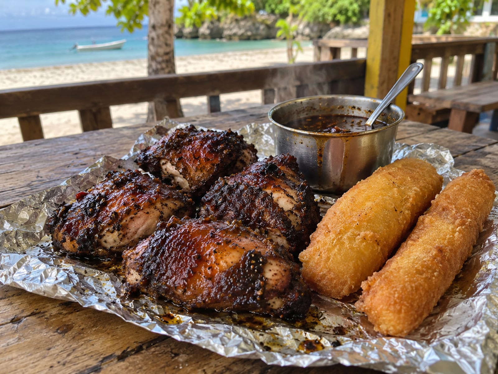 Jerk chicken pieces and a fried festival on foil with a small pot of sauce on a plain table