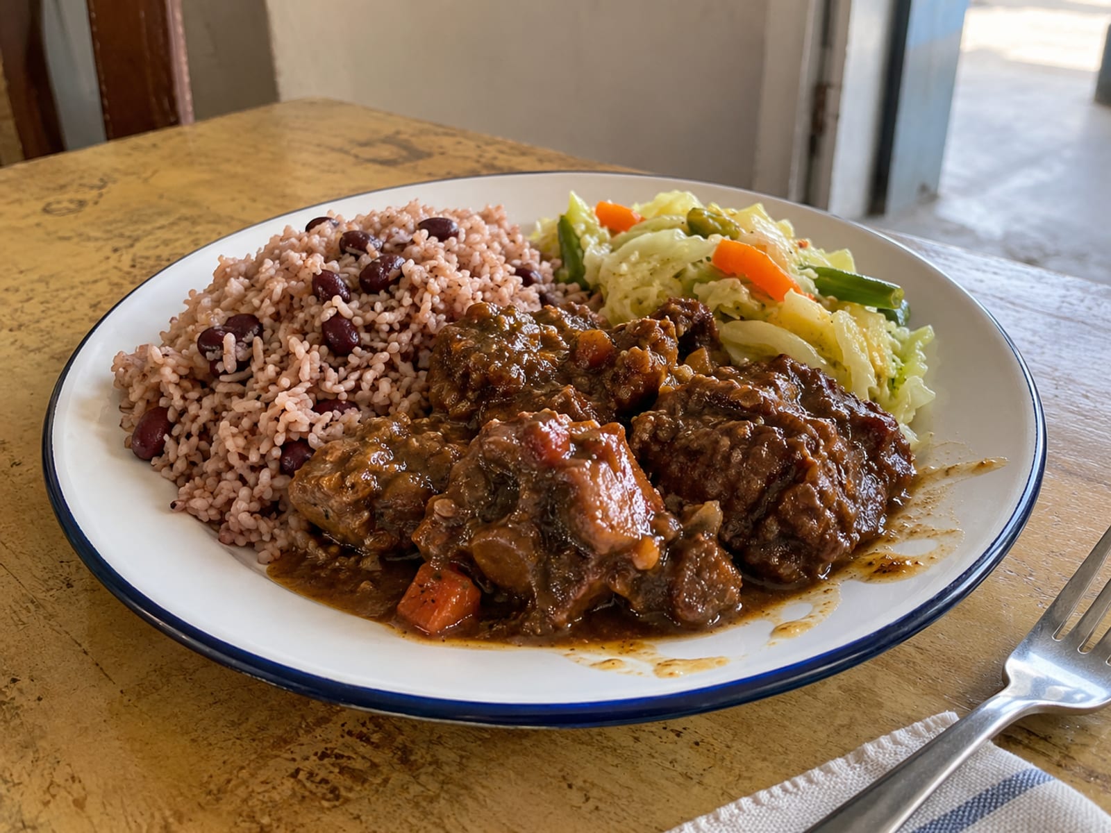 A plate of rice and peas with stewed meat and steamed vegetables on a plain table