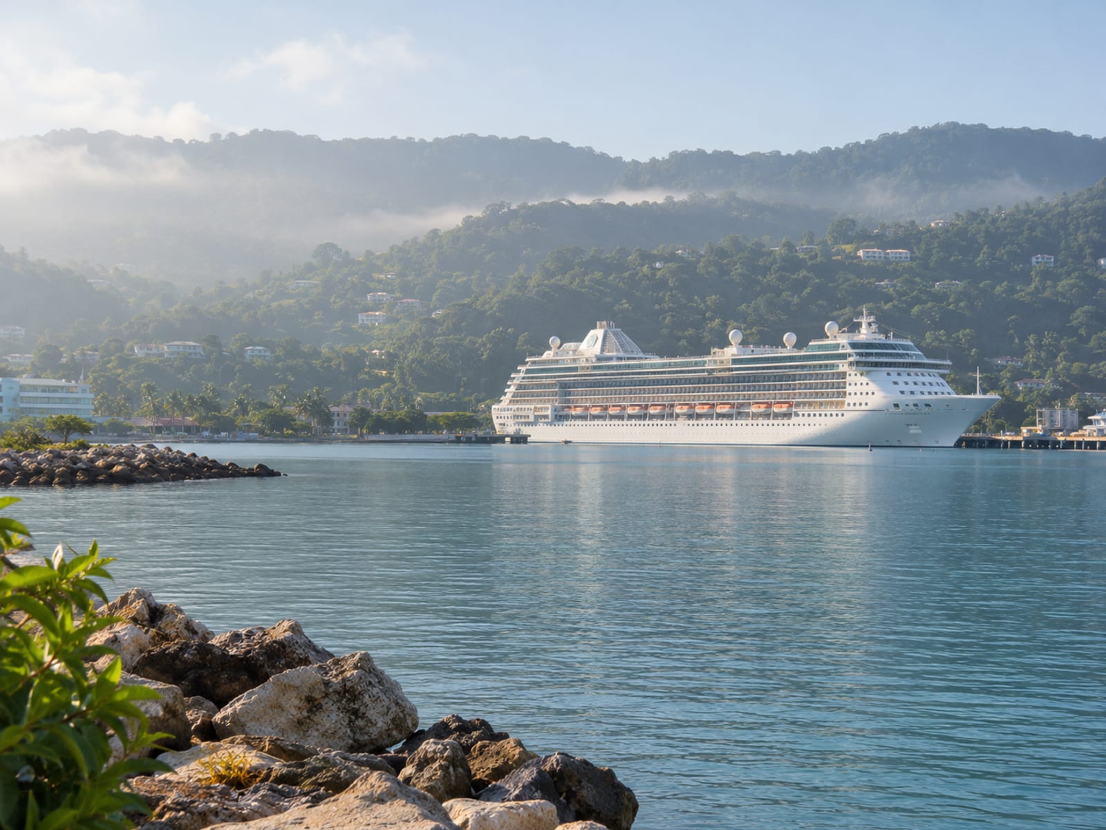 A calm harbour with a distant cruise ship and green hills behind it