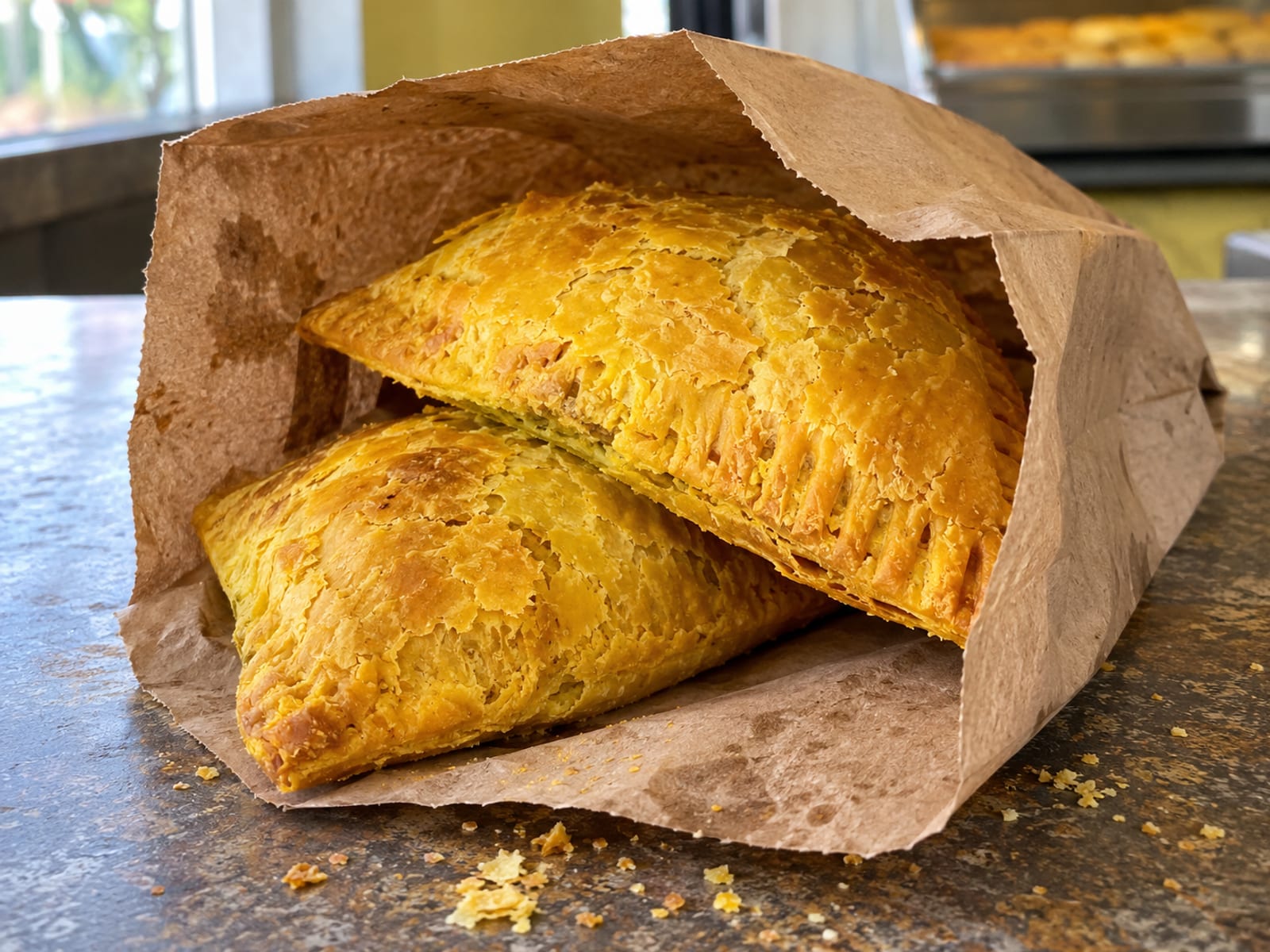 Golden baked patties in a plain brown paper bag on a counter