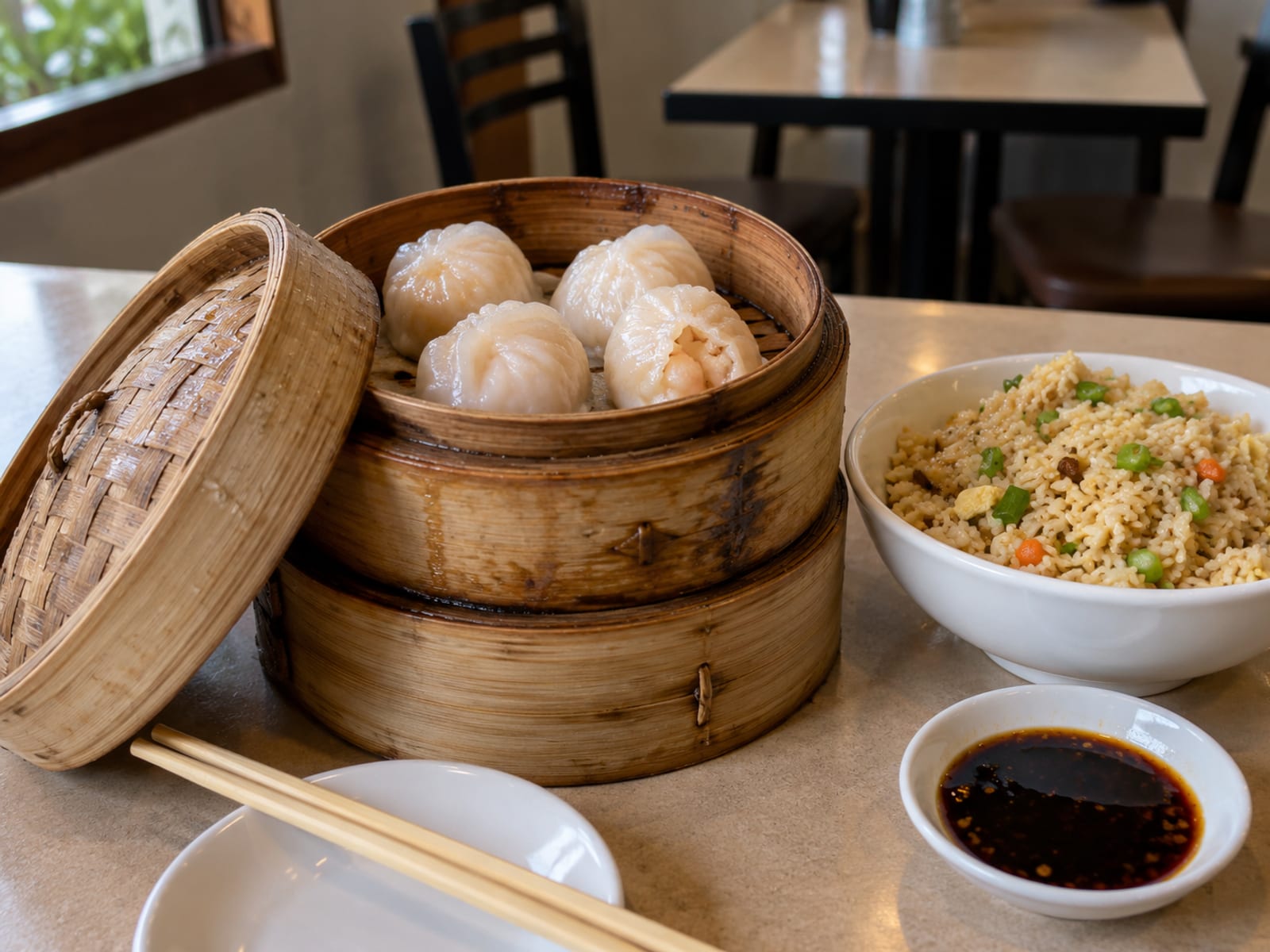 Bamboo steamer baskets of dim sum and a bowl of fried rice on a restaurant table