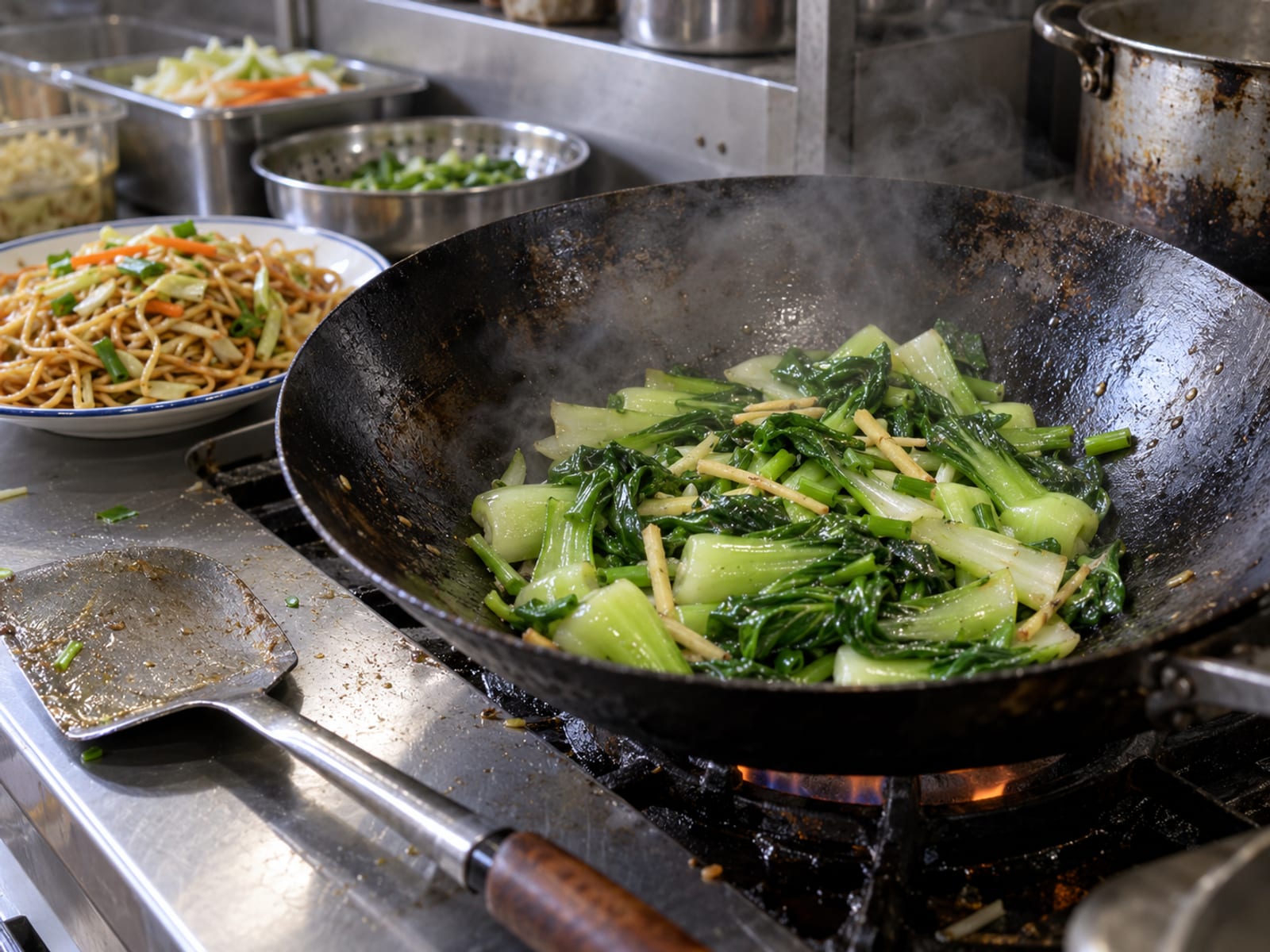 A wok of stir-fried pak choi with ginger and scallion beside a plate of chow mein