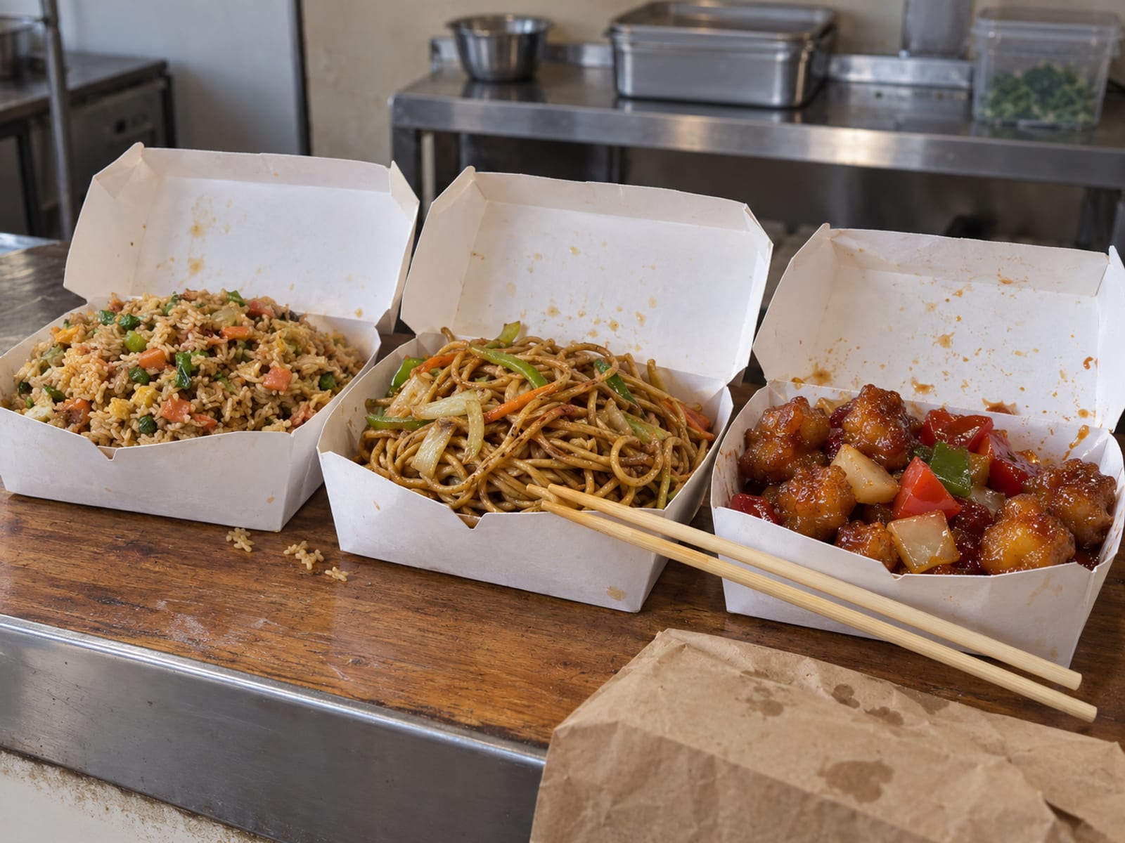 Stacked takeaway boxes of fried rice and noodles on a plain counter