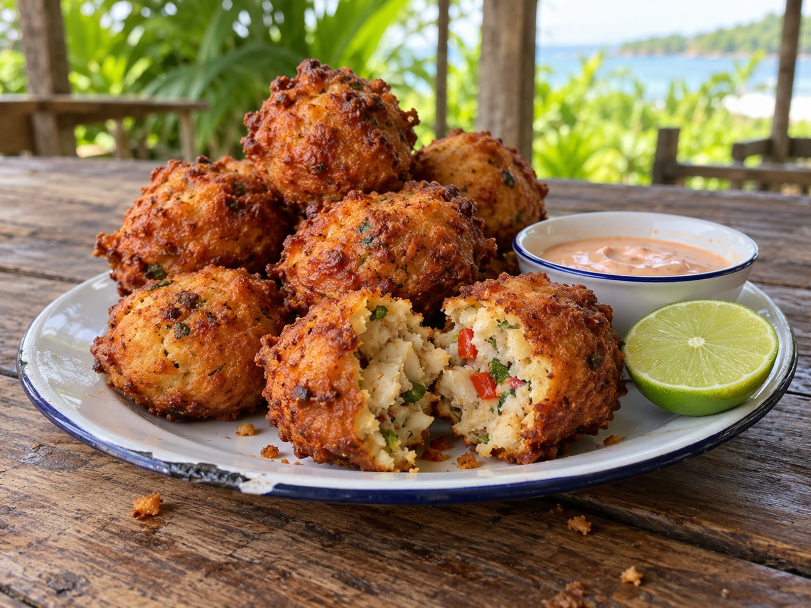 A plate of golden conch fritters with a small dipping sauce