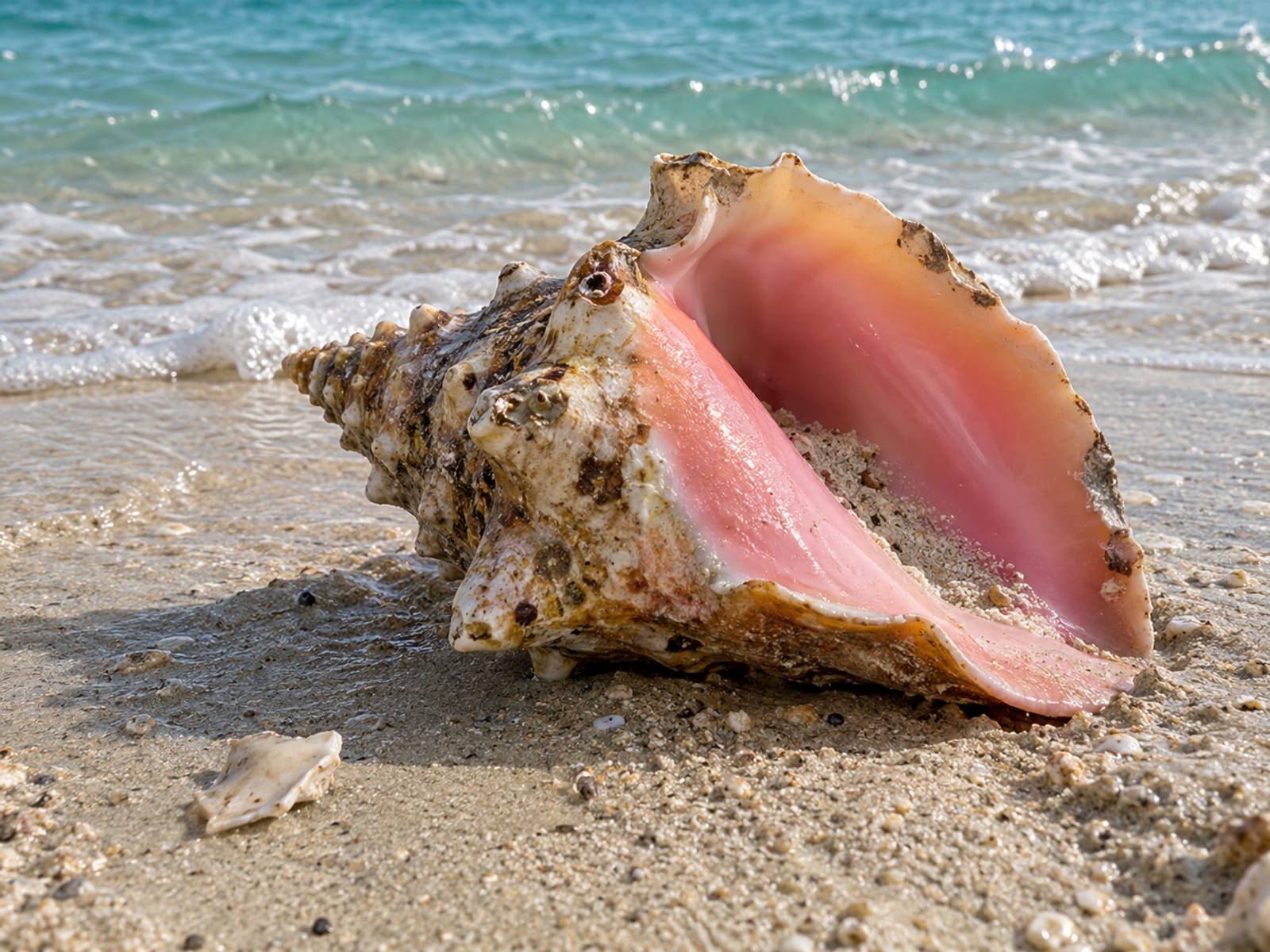 A pink-lipped conch shell resting on pale sand at the water's edge