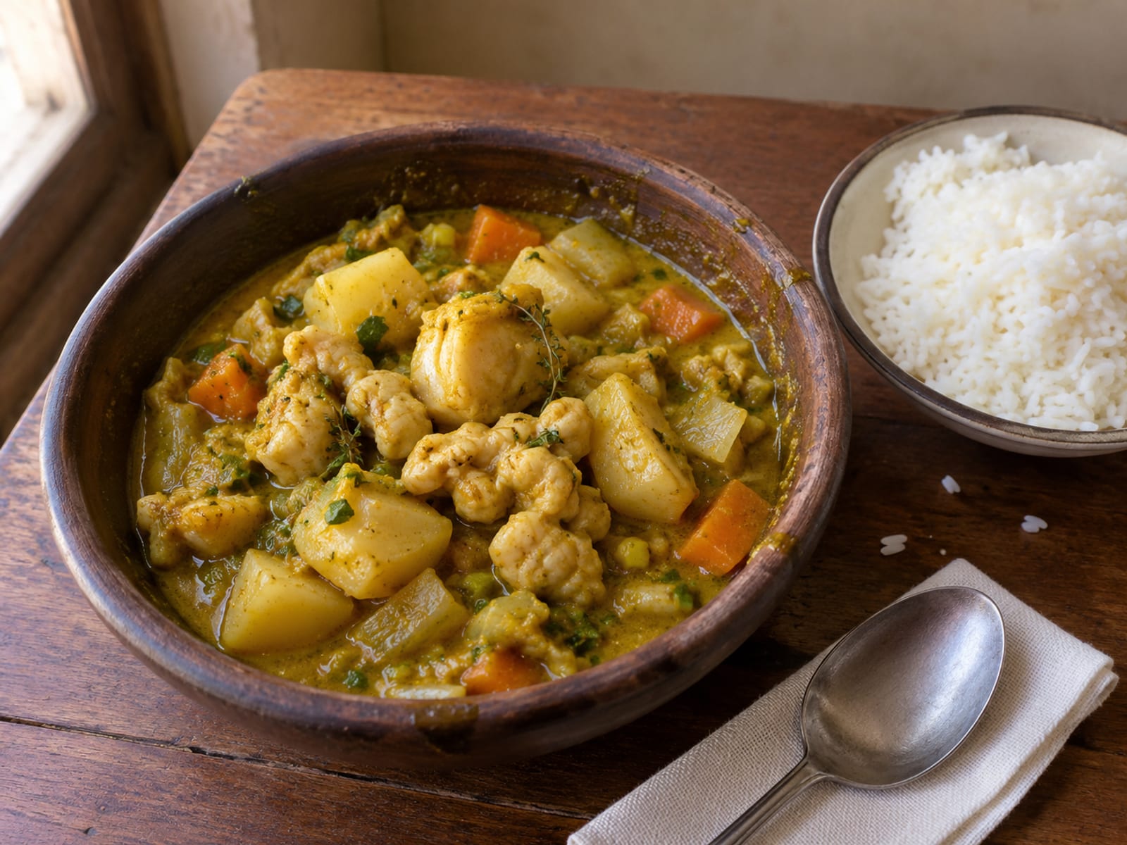 A bowl of curried conch in golden sauce with rice on the side