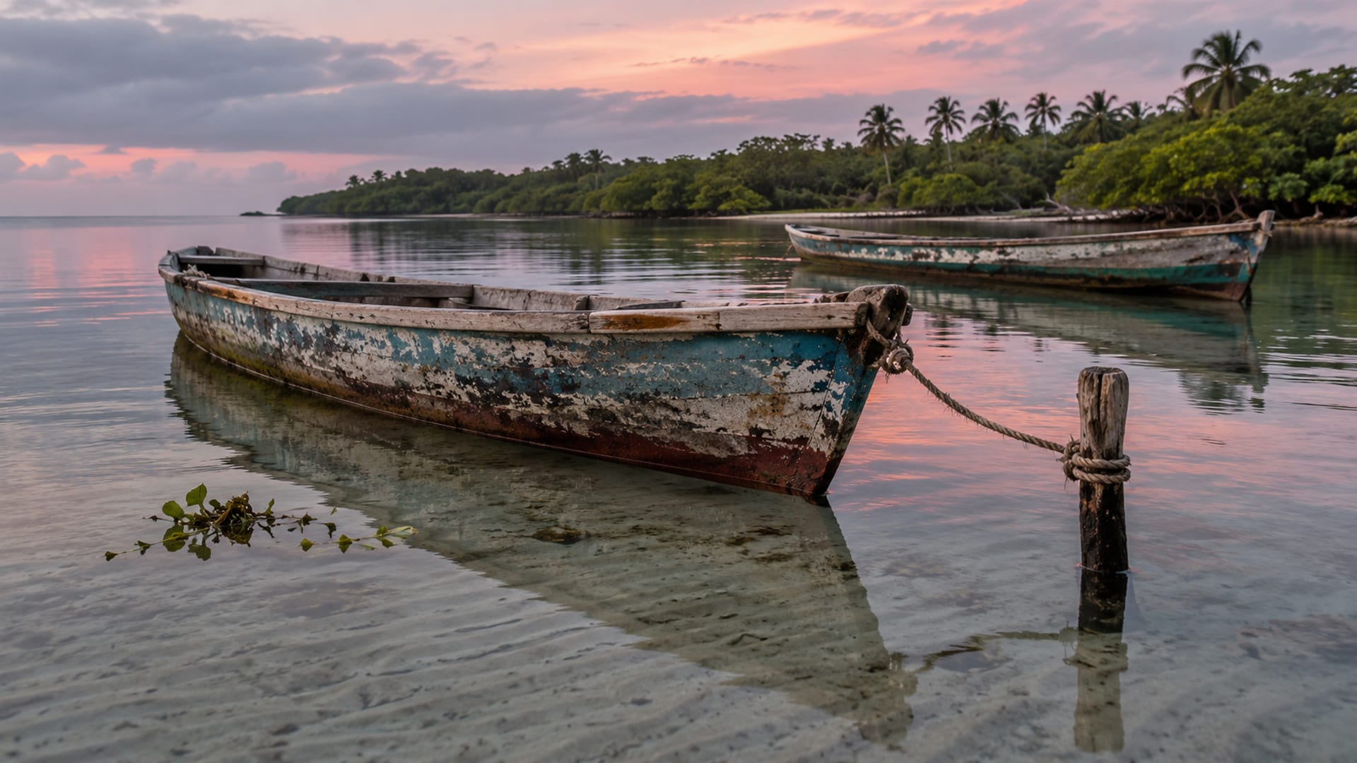 Wooden fishing canoes resting on a calm turquoise Caribbean lagoon at dawn