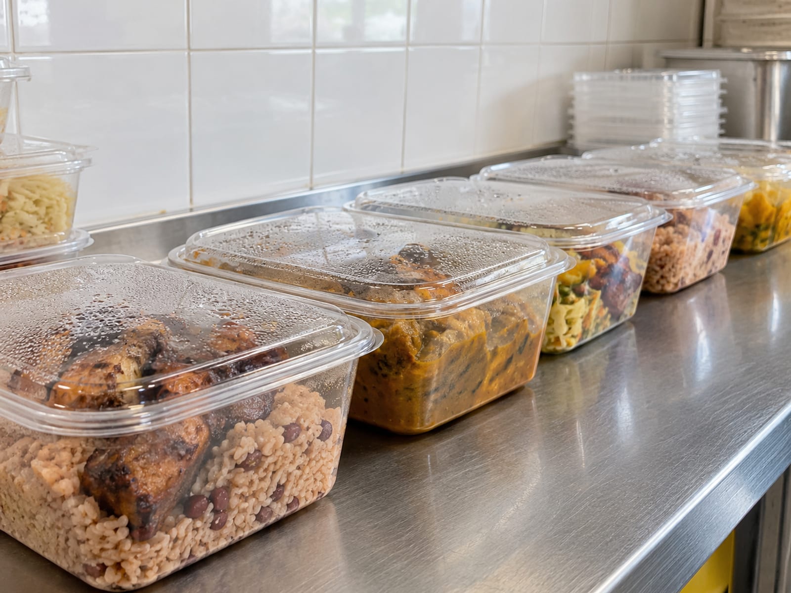 Rows of covered food containers on a clean counter