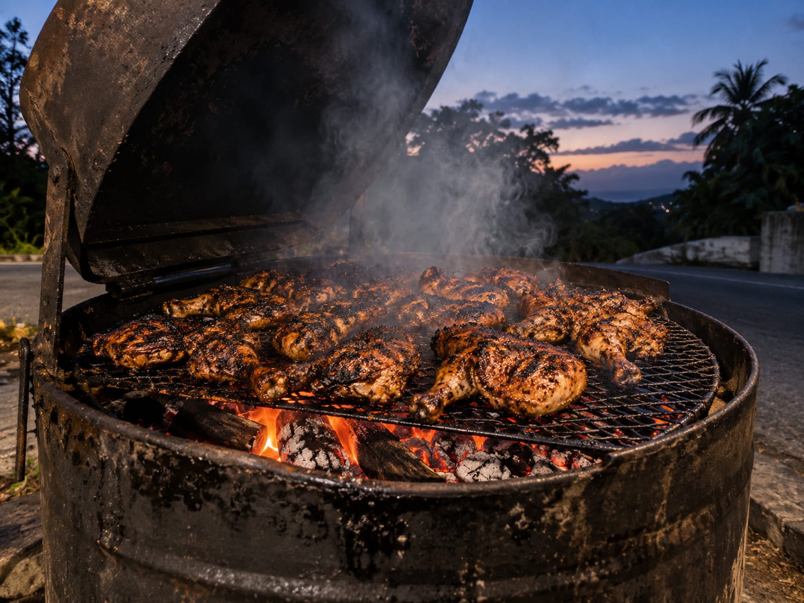 A jerk drum grill with pimento wood smoke rising at dusk