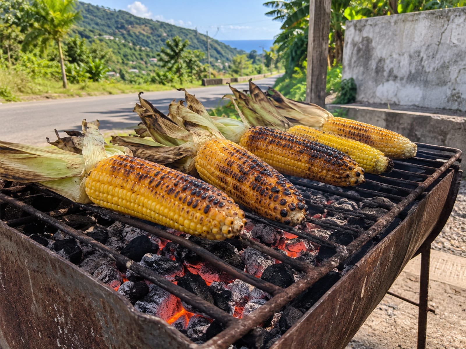 Ears of corn roasting over glowing coals on a roadside grill