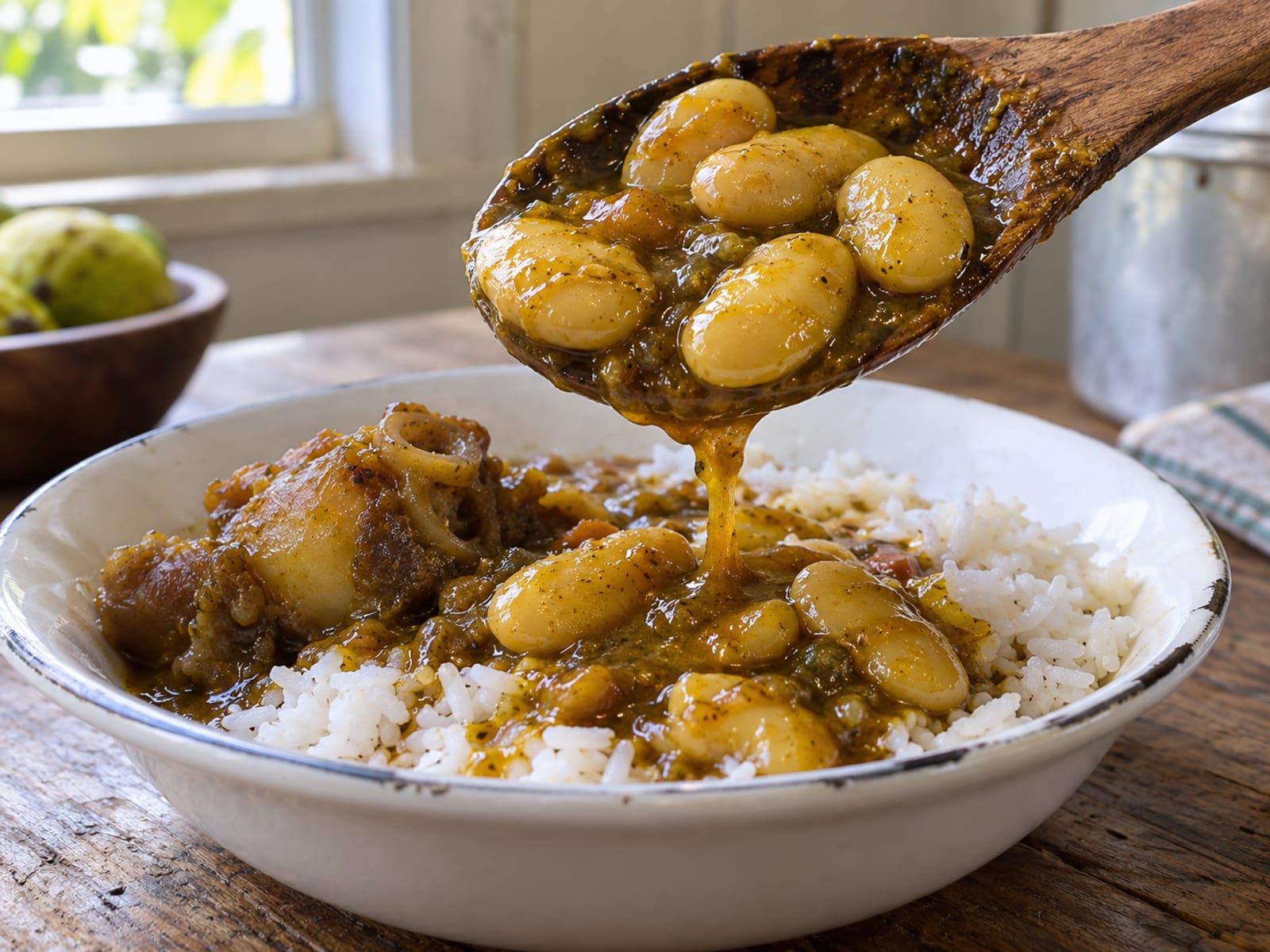 A spoon of butter beans in dark curry gravy beside a bed of white rice