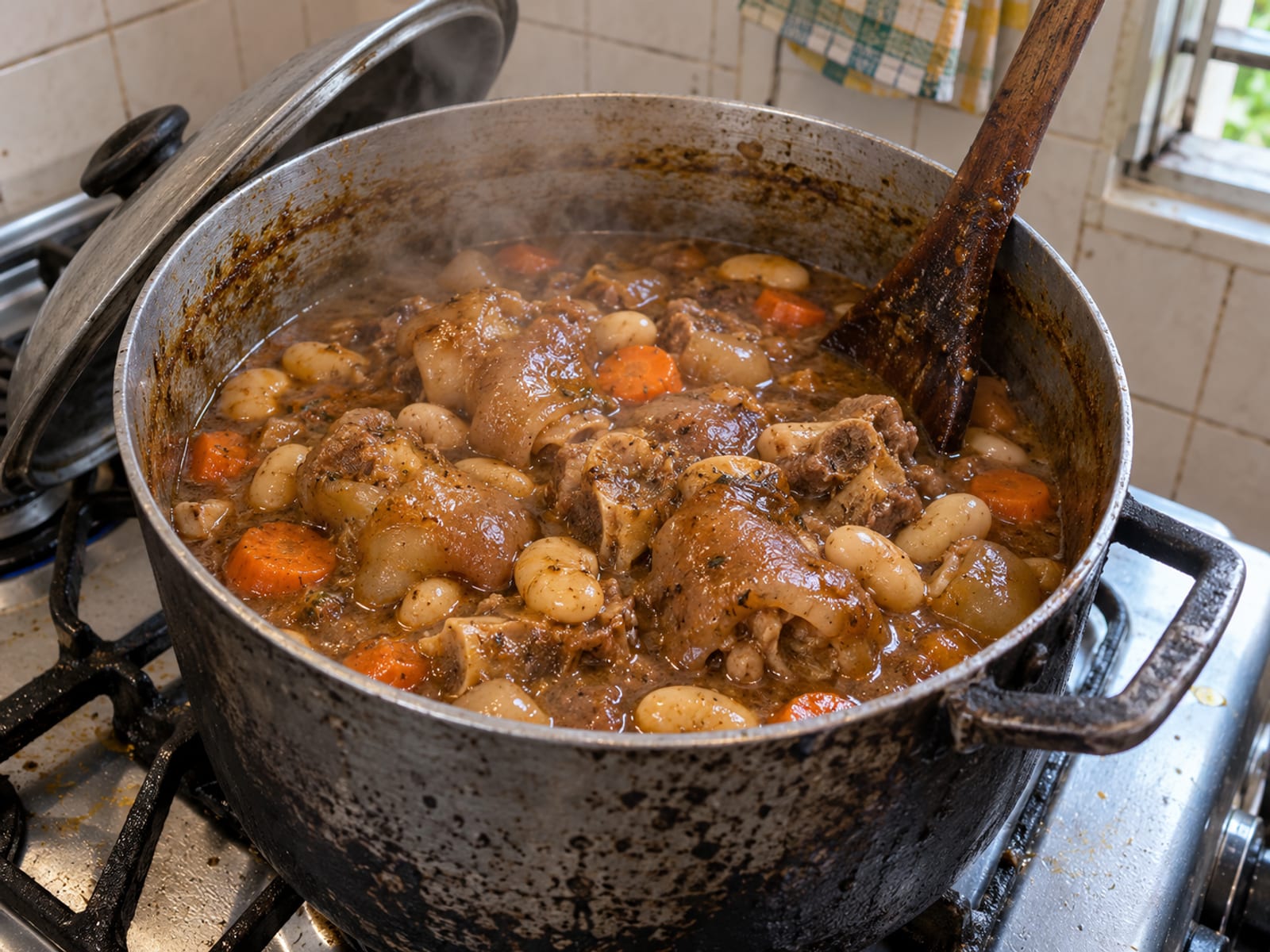 Cow foot stewed with butter beans in a thick brown gravy in a pot