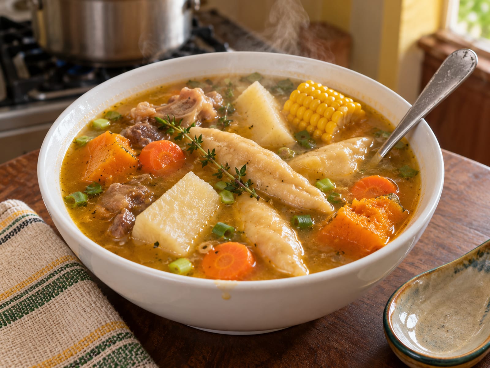 A bowl of seasoned soup with dumplings, yam and pumpkin on a table