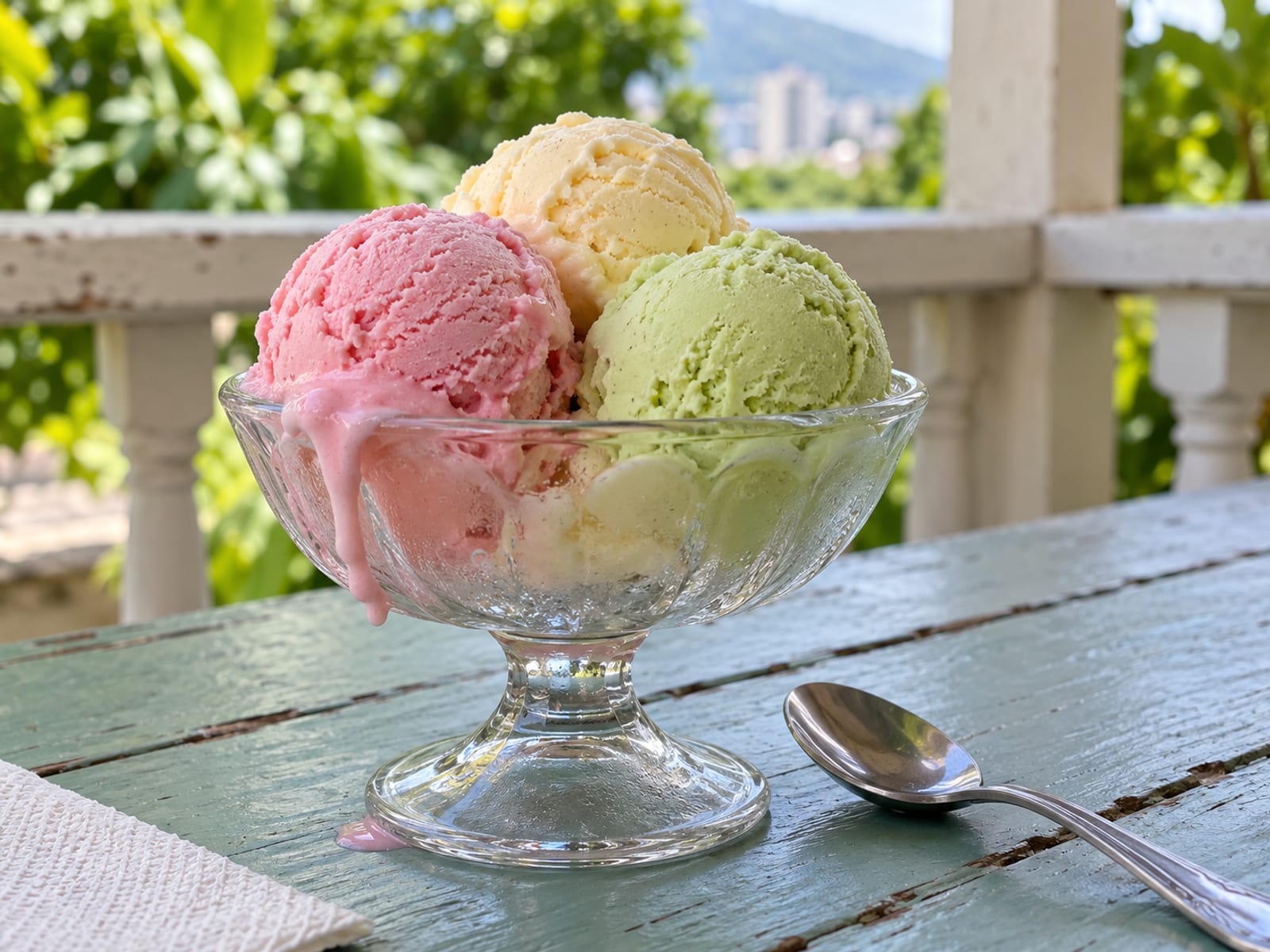 Three scoops of colourful ice cream in a glass dish on a table