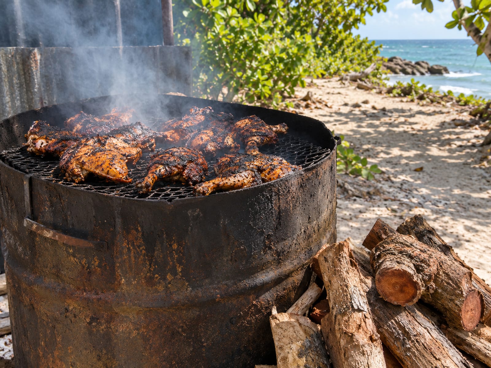 Smoking jerk drum with pimento wood and charred chicken on a beach-side grill