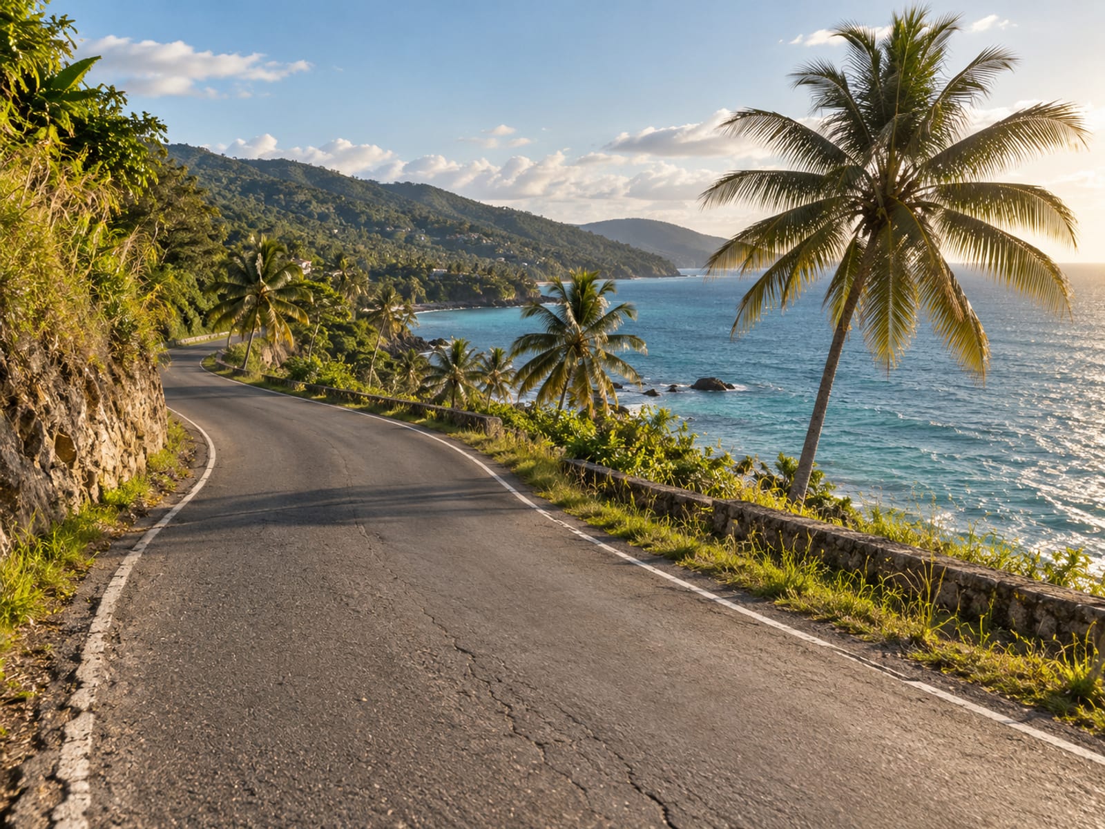 Narrow coastal road curving along turquoise sea under palm trees