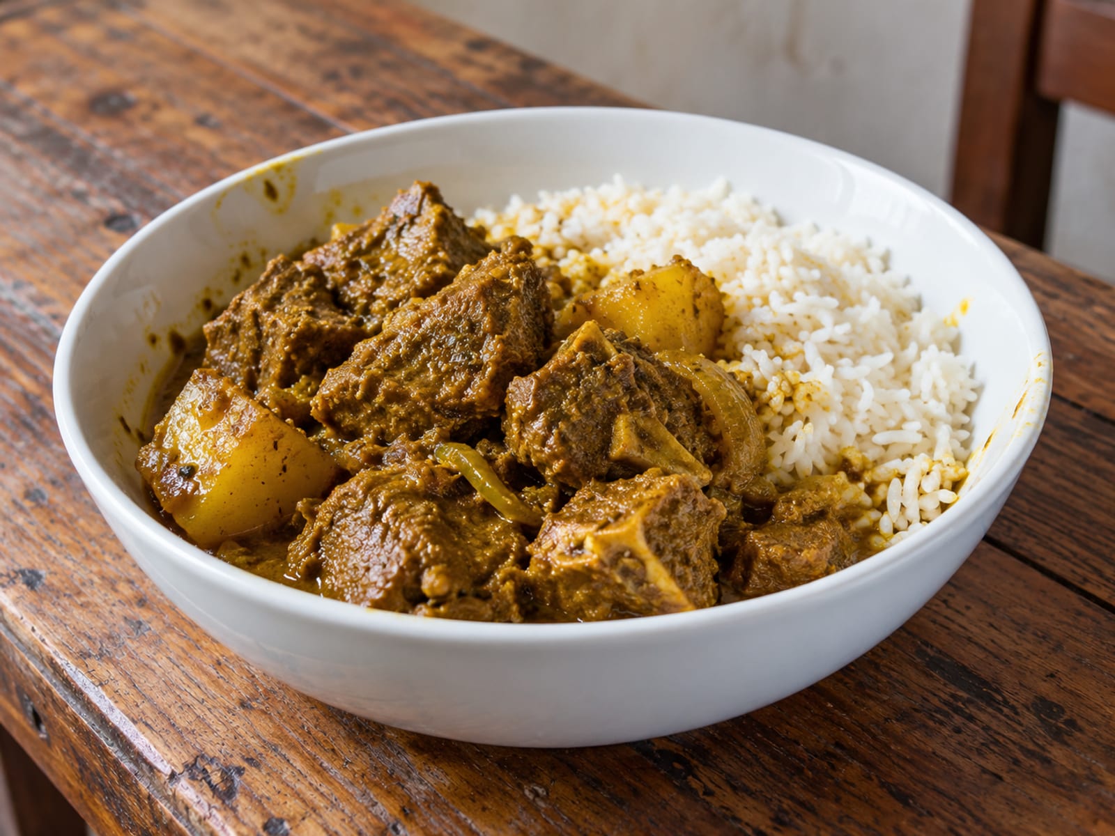 Curried mutton and rice in a simple bowl on a wooden table