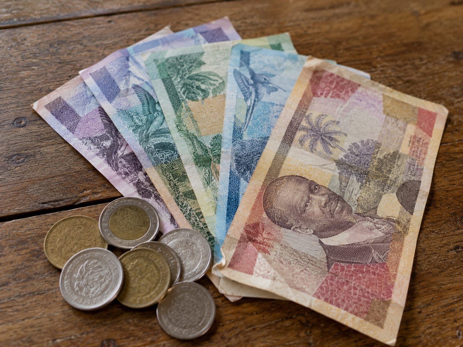 Colourful Jamaican dollar banknotes and coins fanned on a plain table