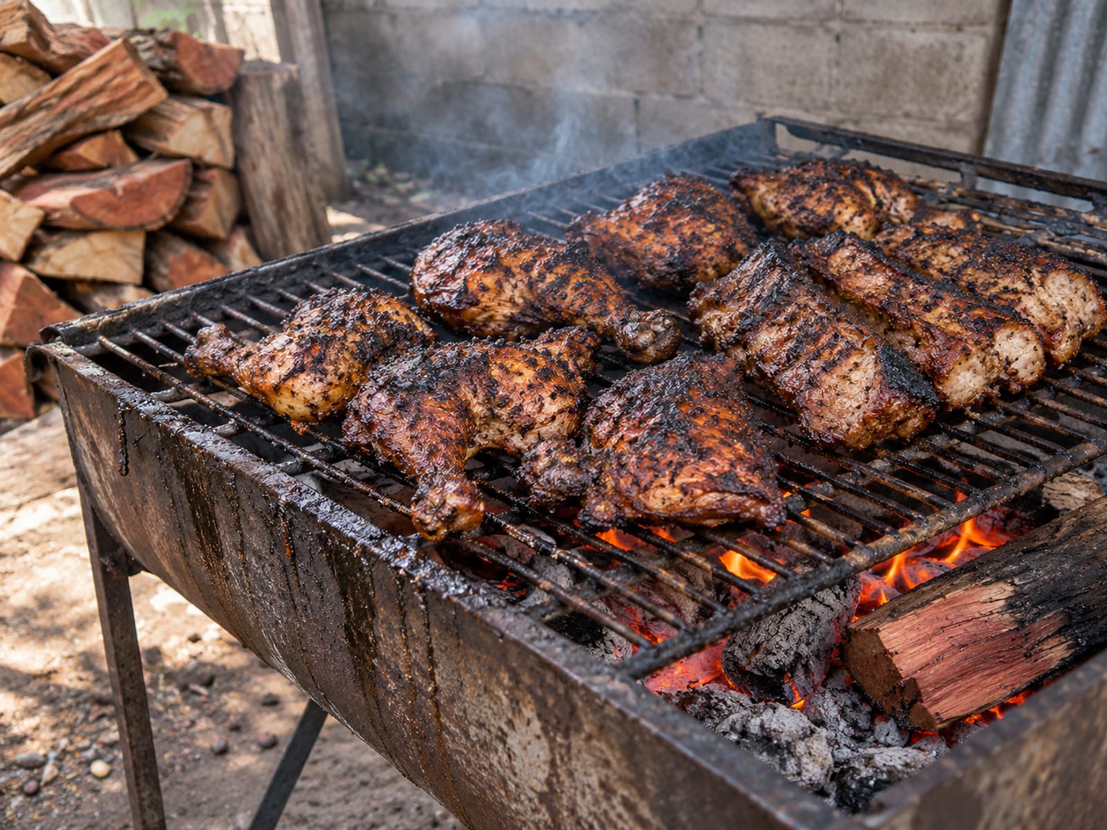 Jerk chicken and pork cooking over a smoking pimento wood fire