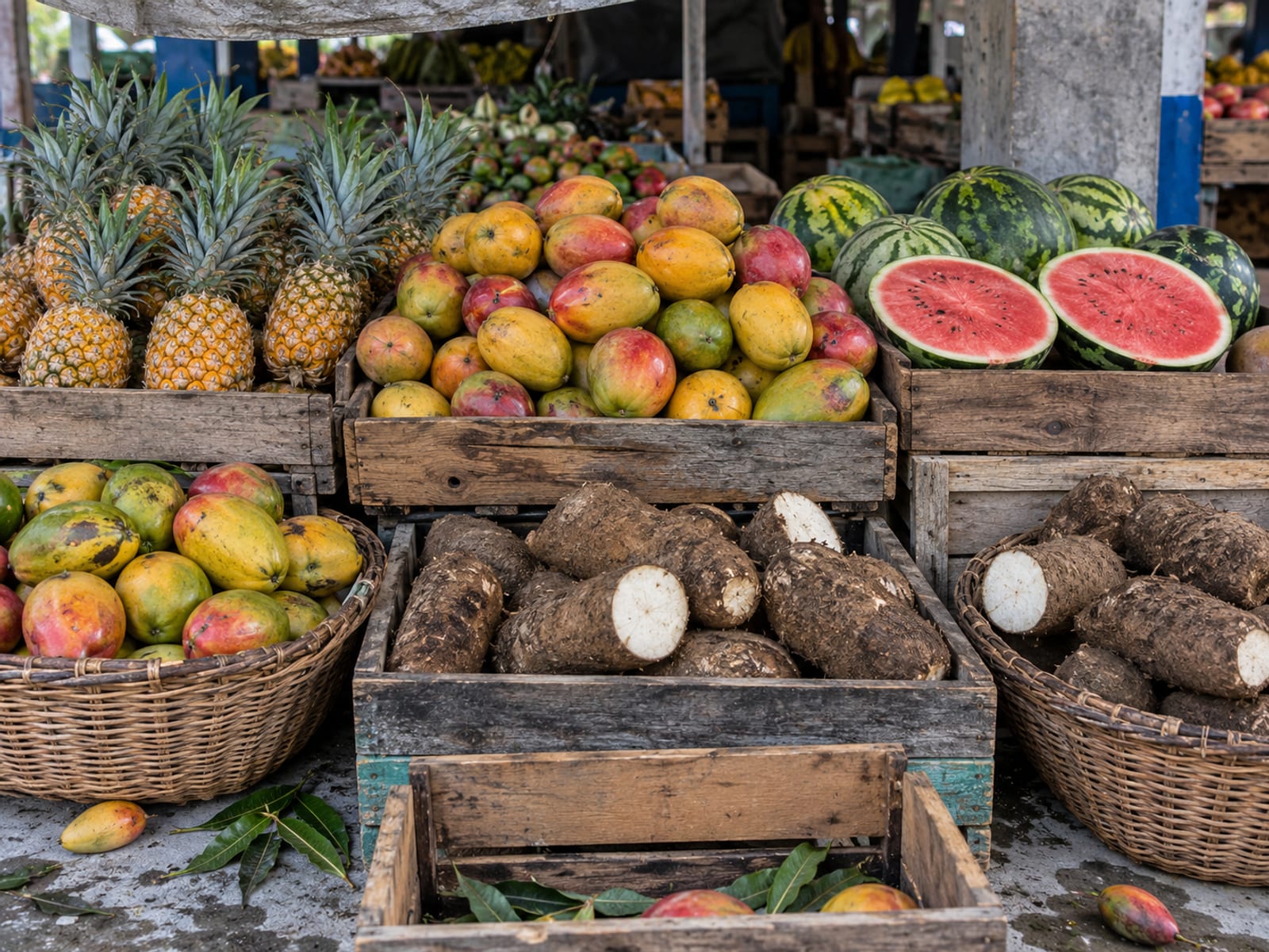 Crates of fresh Jamaican produce stacked at a market