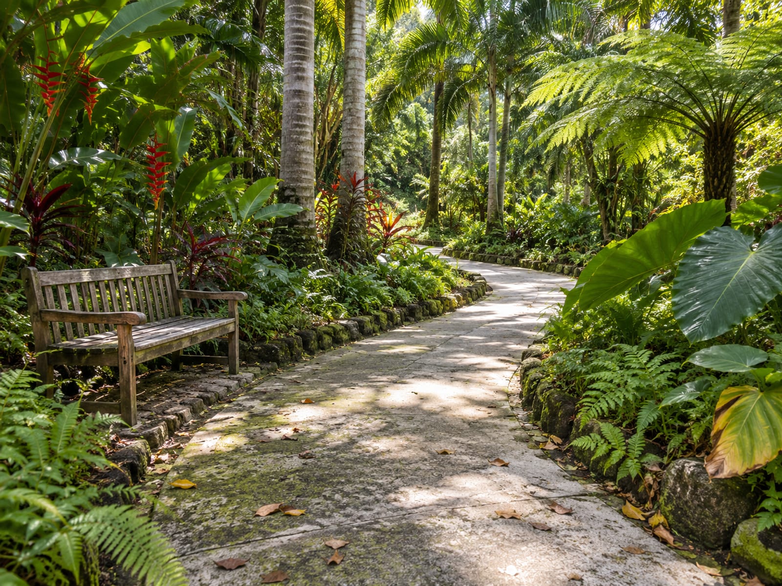 A shaded path through a tropical botanical garden lined with palms and ferns