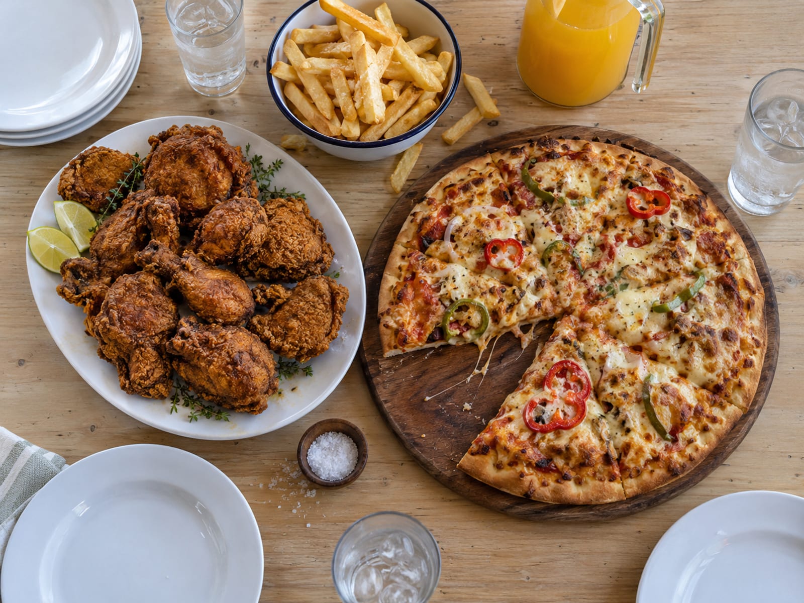 A table set with a platter of fried chicken, fries and a large shared pizza