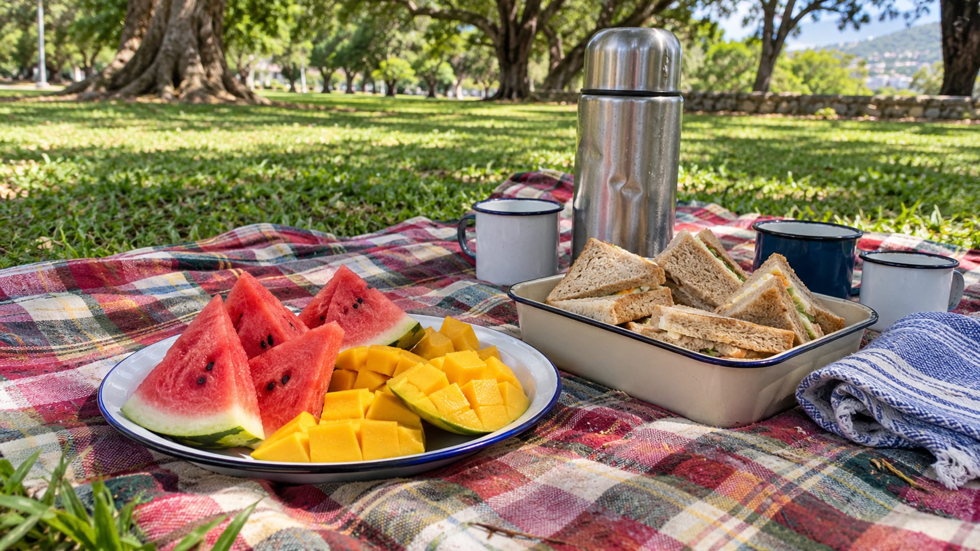 A picnic blanket with fruit and sandwiches on a sunny green lawn under shade trees