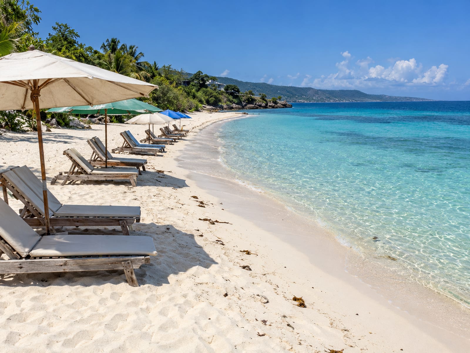 A calm curve of white sand and clear shallow water with a row of empty beach chairs