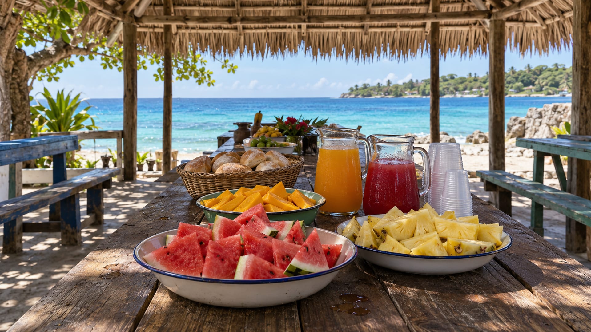 A long wooden table set with plates of fruit and bread under a shaded beach pavilion