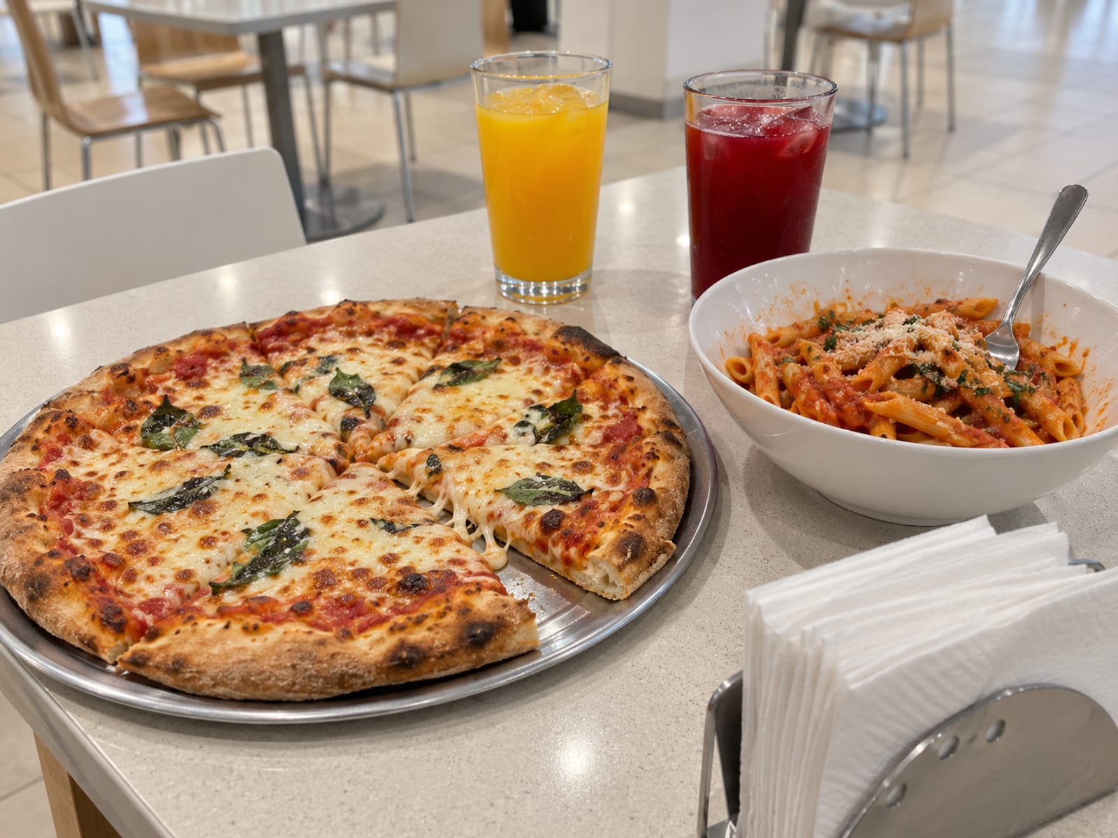 A food court table with a pizza, a bowl of pasta and glasses of juice
