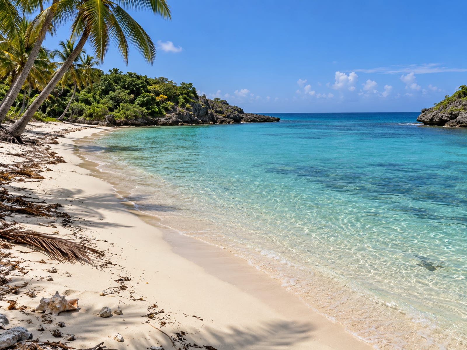A quiet white-sand beach with calm shallow water and a few palm trees