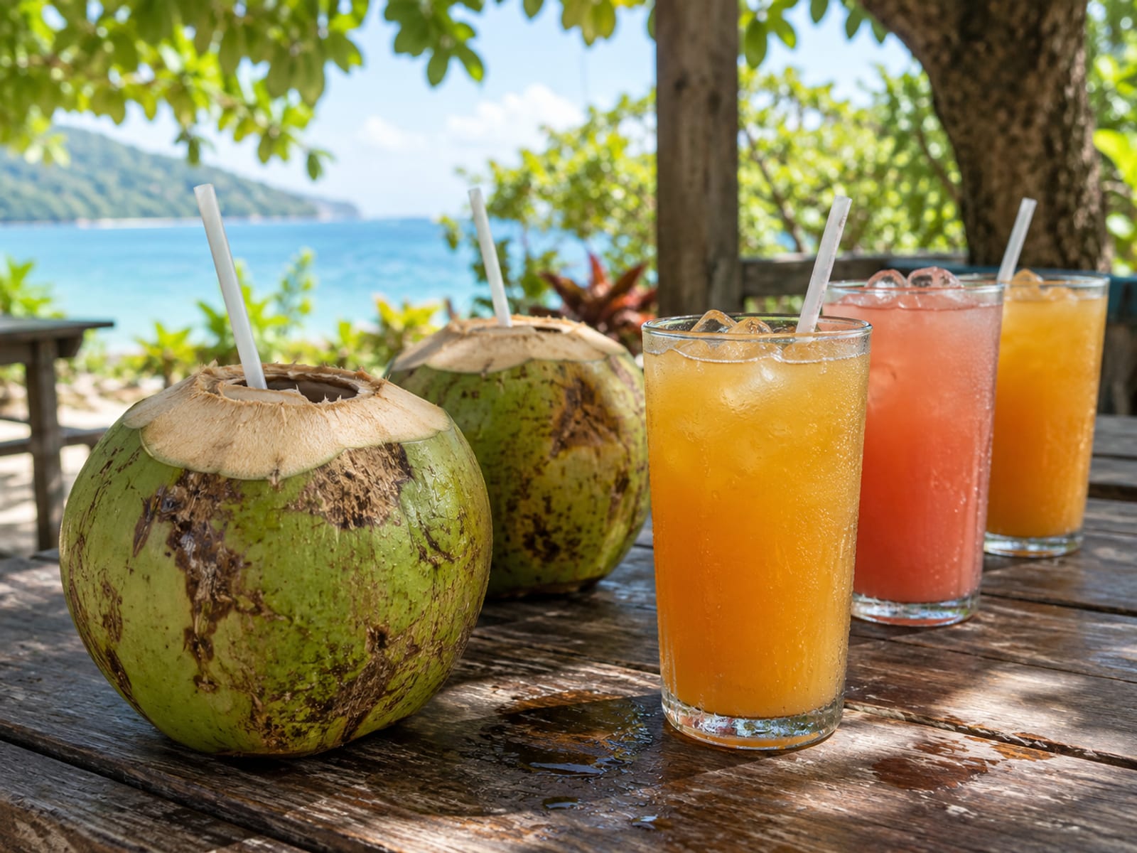 Fresh coconuts and tall glasses of iced juice on a shaded table