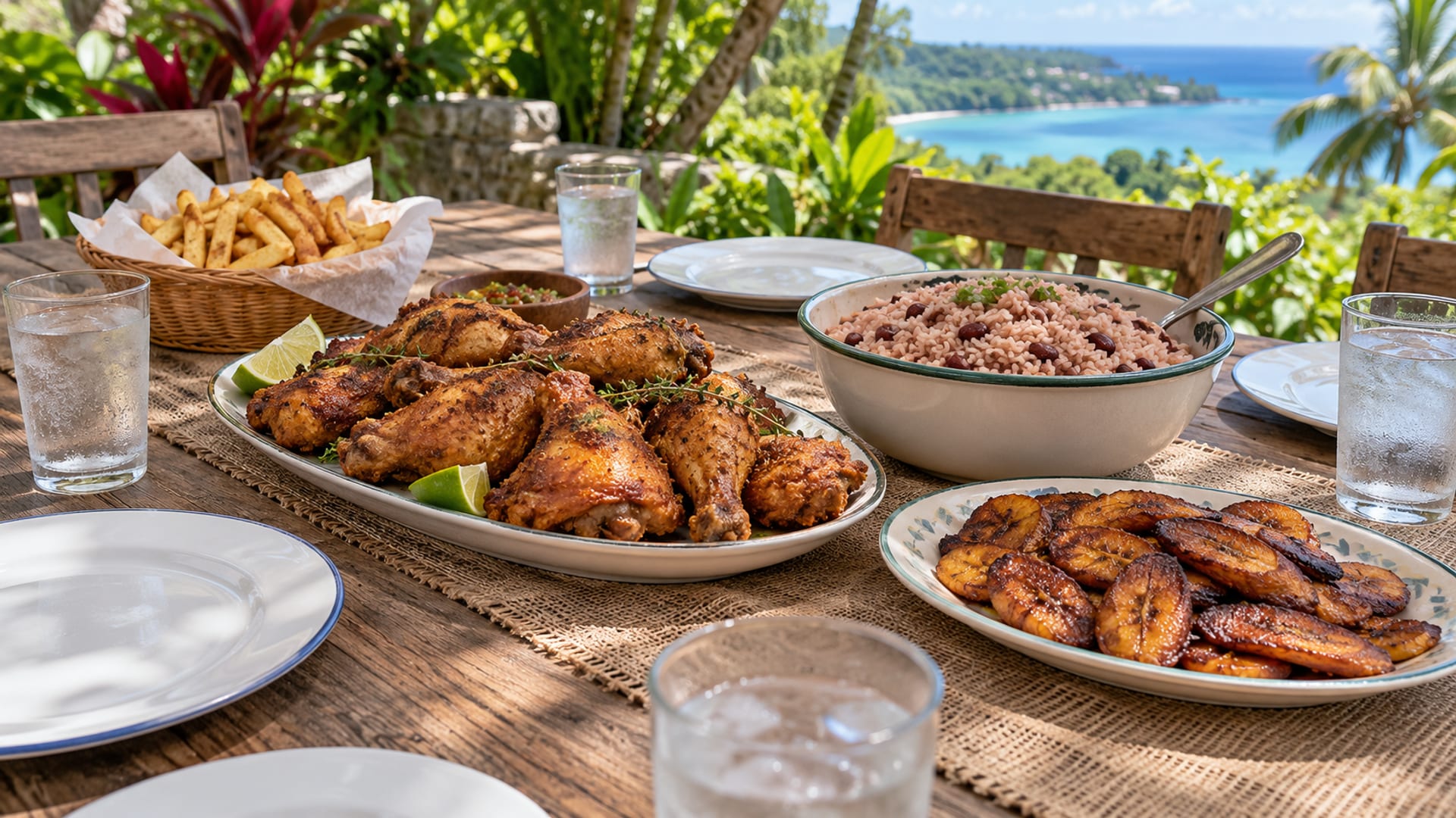 Fried chicken, rice and peas, fried plantain and fries on a casual outdoor table