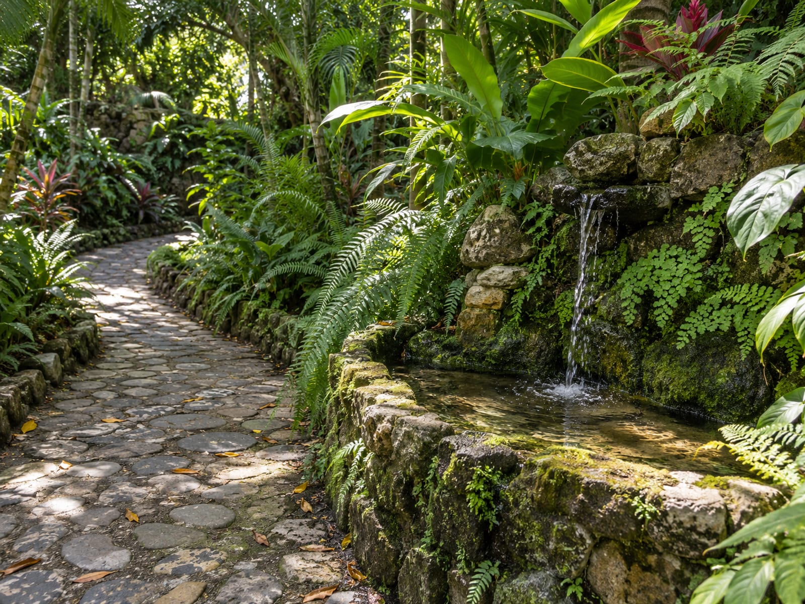 A shaded tropical garden path with ferns, palms and a small stone water feature