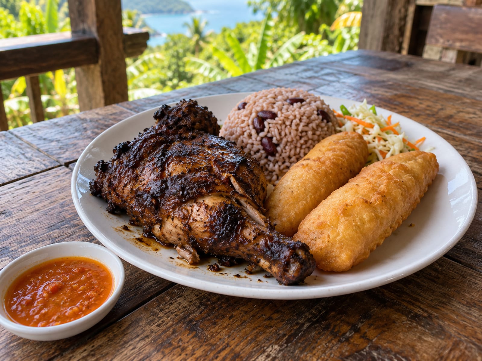 A plate of jerk chicken with festival and rice and peas on a plain wooden table